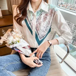 Frauen Blusen Sommer Bluse Langarm Top Weibliche Kleidung Koreanische Mode Revers Hemd Chiffon Freizeit Druck Lose Houthion