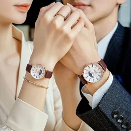 Wristwatches Sun&Moon Julius Men's Watch Women's Couple Lovers' Clock Fashion Hours Real Leather Simple Boy Girl's Birth