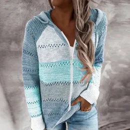 Kadın Knits Patchwork Uzun Kollu Kapşonlu Kazak Striped Hardigan Bluz Moda Kadınlar Günlük Üstler Abrigos Mujer Invierno 2023 Kardigan