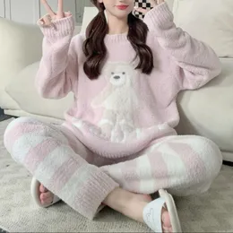 Women's Sleepwear Kuzuwata O Neck Cartoon Bear Long Sleeve Top High Waist Stripe Pant Pajama Sets Japanese Casual Home Wear Underwear