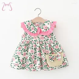 Girl Dresses 2pcs/Set Floral Baby Dress Cute Doll Collar Children Clothes Summer Fashion Toddler Infant Costume Suit 0 To 3 Y Bag