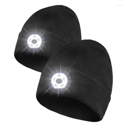 Cykelkappar 2 Pack unisex beanie hatt med ljus 5 LED 3 -lägen laddningsbara händer fritt huvud stickat ljus (svart)