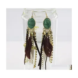 Dangle Chandelier Imitation Turquoise Feather Tassels Earring Girl Lady Natural Stone Leather Rope Diamond Inlay Earrings Jewelry Dh2I3