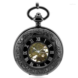 Pocket Watches Fashion Tungsten Steel Black Mechanical Hand Wind Fob Watch Vintage Roman Double Display For Men Womens