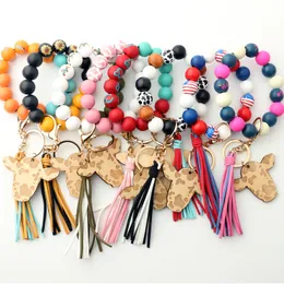 Bull Silicone KeyChain for Keys Tassel Wood Beads Armband Keyring for Women Multicolor Beads Keychains Fashion