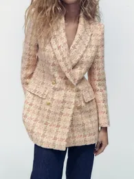 Kadın Suits Kumsvag Kadınlar Sonbahar Damarları Ekose Blazers Takımlar 2023 Gündelik Çift Kruvaze Kadın Elegant Street Ol Blazer Outerwear