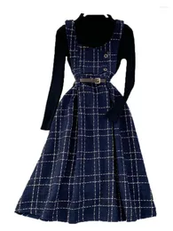 Arbeitskleider Foamlina Herbst Winter Damen 2-teiliges Set Schwarz Stehkragen Langarm Pullover Pullover Top Plaid Tweed A-Linie Midi Kleid Anzüge