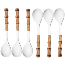 Dinnerware Sets 6Pcs Wooden Handle Large Serving Salad Spork Set Stainless Steel Tableware Long Fork Spoon Gold Silver Cutlery