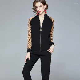 Women's Two Piece Pants ZAWFL 2023 Leopard Print Women Winter Knitting Set Sweater Top And Full Pant 2 Suit Casual Tracksuit