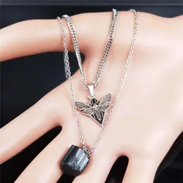 Pendant Necklaces AFAWA Gothic Skull Moth Stainless Steel Layered Necklace Women Black Color Natural Stone Statement Jewelry N3753S02