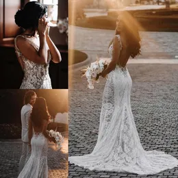 Spitze Meerjungfrau Brautkleider V-Ausschnitt Open Back Illusion Perlen Sweep Zug Strand Boho Hochzeit Brautkleider BC12888