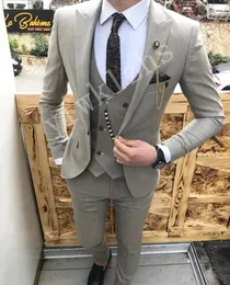 Мужчины изготовлены на заказ, костюма Grey Groom Tuxedos Peak Groomsmen Wedding/Prom/Man Man Blazer Jacket Bints Vest W856