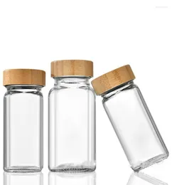 Opslagflessen 120 ml transparante bamboe deksel kruiden fles vierkant glas containers keukenkruid met gat sprinkler pot