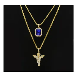 Anhänger Halsketten Herren Hüft -Hop -Schmucksets Mini Quadrat Rubin Sapphire FL Kristall Diamant Engel Wings Goldkette für männliche Hiphop -Drop otnmd