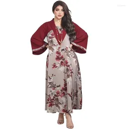 Etnik Giyim Gelişleri Kadın Müslüman Elbise Dubai Abaya 2023 Uzun Kollu Baskı Patchwork Moda Orta Doğu Vestidos Musulmanes
