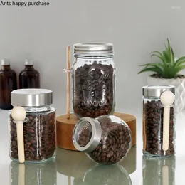 Storage Bottles Transparent Glass Jar Metal Cover Wooden Spoon Tank Sealed Jars Bottle Candy Tea Caddy Box Organizer