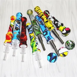 Hookahs Silicone Nectar Pipes with 14mm Titanium &Quartz Tips Water Transfer Printing Nectar Silicone Mini Dab Straw Pipe Oil Rigs