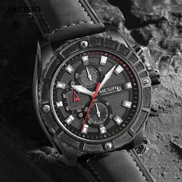 腕時計Megir 2023 Men For Men Fashion Luxury Chronograph Watch Man Luminous Waterproof Leather Wristwatch relogi