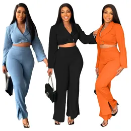 Designer Spring Clothes for Women Two 2 Piece Set Solid Outfits Office Lady Fashion Jacket och breda benbyxor Matchande grossistföremål i Bulk 8249 Bästa kvalitet