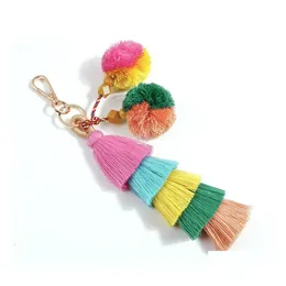 Keychains Lanyards Fashion Candy Color Pompoms Tassel Keychain Fur Ball Key Chain Pompom Fluffy Bag Accessories Keyring A121Z Drop Dh6er