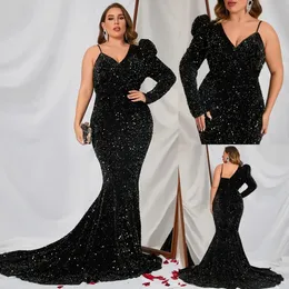 블랙 스팽글 플러스 사이즈 이브닝 드레스 2023 한 어깨 네크 라인 무도회 가운 인어 긴 소매 특별 행사 드레스