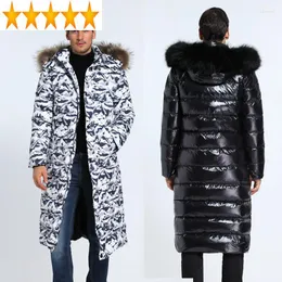 Mäns ner Long Winter Warm Jacket för män 90% vit anka kappa tvättbjörn hund päls krage plus puffer parka i storlek