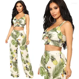 Pantalones de dos piezas para mujer Moda para mujer Conjunto de 2 piezas Conjunto de ropa Traje Estilo bohemio Sin mangas Estampado Crop Tops sueltos para verano Mujer damas