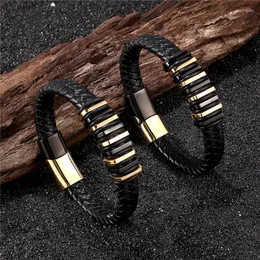 Charm Bracelets MKENDN Luxury Accessories Simulation Building Shape Stainless Steel Men's Leather Bracelet Bangel Combination Wild
