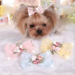 Dog Apparel Pet Hair Bow Rhinestone Embroidery Lace Bows Clip Grooming Supplies