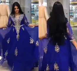 Królewskie Blue Caftan Dubai Arbaic Marokańskie sukienki balowe Zastosowane koronkowe pół rękawy Linia szyfonowa suknie wieczorowe Kobiet Specjalny okazja sukienka Vestidos Cl1733