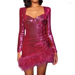 Casual Dresses 0941 Fashion Clothing Sequin Feather Long Sleeve Ostrich Women's Dress