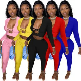 Designer Two Piece Set Women Tracksuits Spring Autumn Outfits Long Sleeve Hollow Out Crop Top and Pants Matching Set Solid Sportswear Sexy Club Wear 8197