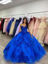 2023 Quinceanera Dresses Royal Blue Sequined Lace Sweetheart Sequins Sweet 16 Prom Dress Sweep Train Ball Gown Tulle Princess Party Gown Custom Sleeveless