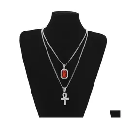 Подвесные ожерелья заморожены из египетского ANKH Key of Life Collese Set Bling Cross Mini Gemstone Gold Sier Chain для мужского хип -хоп украшения Otxdv