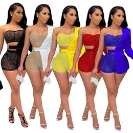 Women's Tracksuits Sheer Mesh See Through Rhinestone 3pcs Set Strapless Crop Top Shorts And Irregular Long Sleevel Coat Nightclub Party Sexy