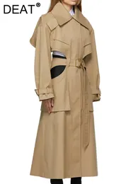 Women's Trench Coats DEAT Fashion Women's Trench Coat Laple Hollow Out Belt Deconstruct Long Sleeve Windbreaker Female Autumn 17A2730 230130