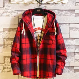 Herrtröjor tröjor 2023 Plaid hoodie män flanell fleece stil hip hop punk streetwear casual cardigan långärmad