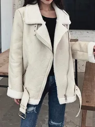 Damen Leder Kunstleder Ailegogo Damen Lammfell Kunstleder Jacke Mantel Umlegekragen Winter Dick Warm Reißverschluss Mit Gürtel Oberbekleidung 230130