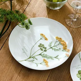Plakalar İskandinav Bitki Desen Plakası Beyaz Porselen Yemeği Yaratıcı Meyve Biftek Seramik Tatlı Kemik Çin