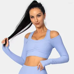 Active Shirts 2in1 Ribbed Sexy Off Shoulder Yoga Sports Cropped Women Running Training Workout Long Sleeved Crop Top With Thumb Holes