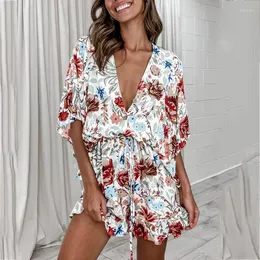 Women's T Shirts Wide Leg Floral Print Summer Boho Romper Overalls Women V Neck Batwing Sleeve Button Casual Loose Playsuits Beach 2023