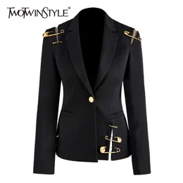 Womens Suits Blazers TWOTWINSTYLE Loose Fit Black Hollow Out Pin Spliced Jacket Blazer Lapel Long Sleeve Women Coat Fashion Autumn Winter 230130