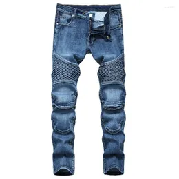 Herr jeans högkvalitativa män klassisk motorcykel cyklist lapptäcke vintage stretch denim byxor mode förstört rak droppe