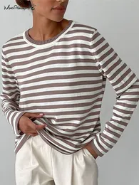 Women's Tshirt Mnealways18 Classic Women Stripe Tee Shirt Casual Print Overdimensionerad Knittad Top Oneck Långärmad toppar och blus Fashion Tshirt 230130
