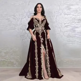 Burgundy Mermaid Moroccan Kaftan prom Dresses Half Sleeves Slit Front Lace Crystals Beads Arabic Dubai Occasion evening Dress gowns
