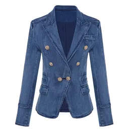 Bayan Takım Elbise Blazer YÜKSEK KALİTE Moda Tasarımcısı Metal Aslan Düğmeleri Kruvaze Kot Ceket Dış Ceket 230130