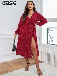 Artı boyutu elbiseler gibsie beden polka dot vneck kuşaklı elbise 4xl 3xl kadınlar bahar yaz boho aline bölünmüş uzun tatil seksi vestidos 230130