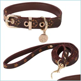 Dog Collars Leashes No Pl Harness Designer Dogs Collar Set Classic Plaid Leather Pet Leash For Small Medium Cat Chihuahua