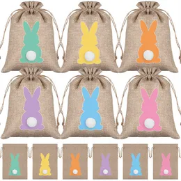 24pcs Wielkanocne Bunny Burlap Candy Torby z sznurkiem Rabbit Linen Storage Storage Partia Partia Favours Dekoracja Worka Pakowanie Pakowanie FY5654 SS0130