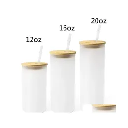 タンブラー12オンス16オンス25オンスマグストレートブランク昇華霜の透明な透明なコーヒーグラスカップ竹のふたとセントドロップデビューDHBO1